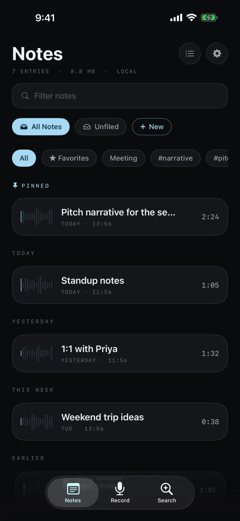 The Murmr notes library with pinned notes, tags and notes grouped by day.