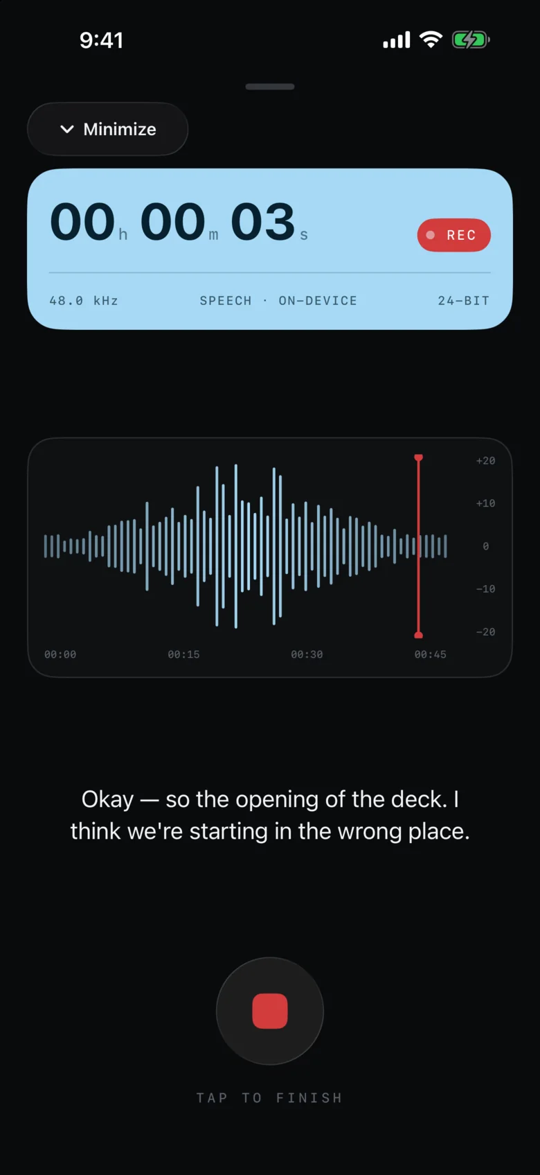 Murmr recording: a live voiceprint with a red write-head and the transcript appearing below.