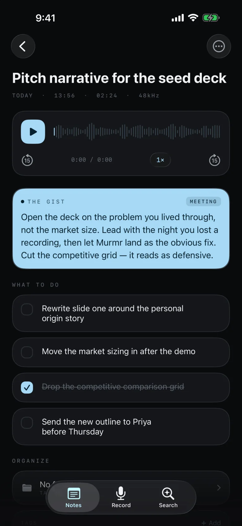A Murmr note with the gist in a light-blue block and a What to do checklist.