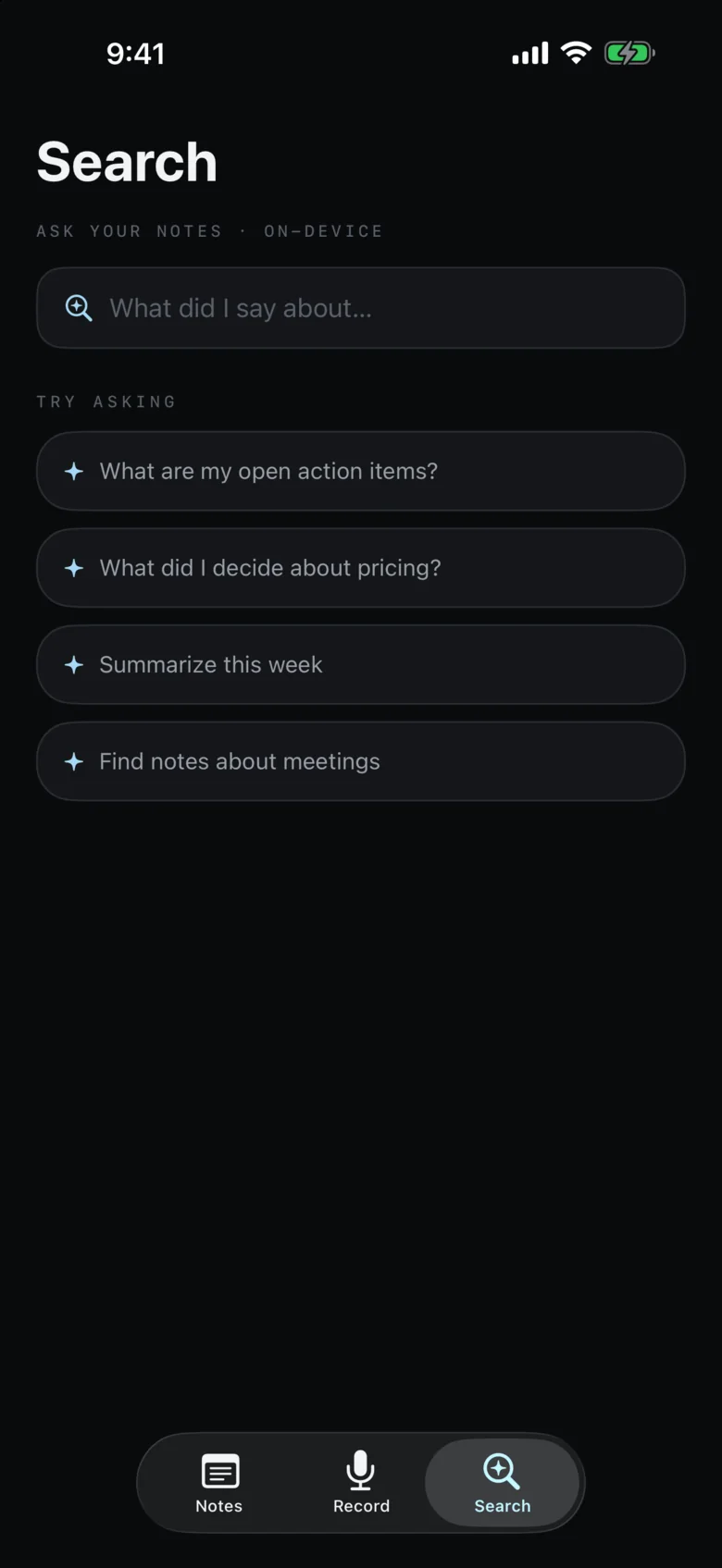 Murmr search with suggested questions like What are my open action items.